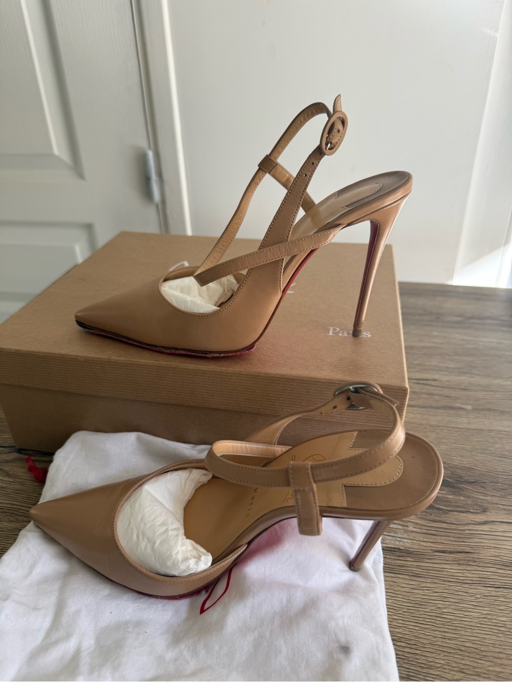 Christian Louboutin JenLove 100 Nude Leather Slingback Pumps